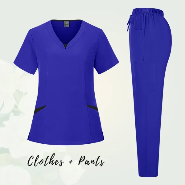 Solid Scrub Working Uniform Set Women Comfy V-Neck Short Sleeve T-Shirts Straight Pants Suit Summer Casual Workwear With Pockets
